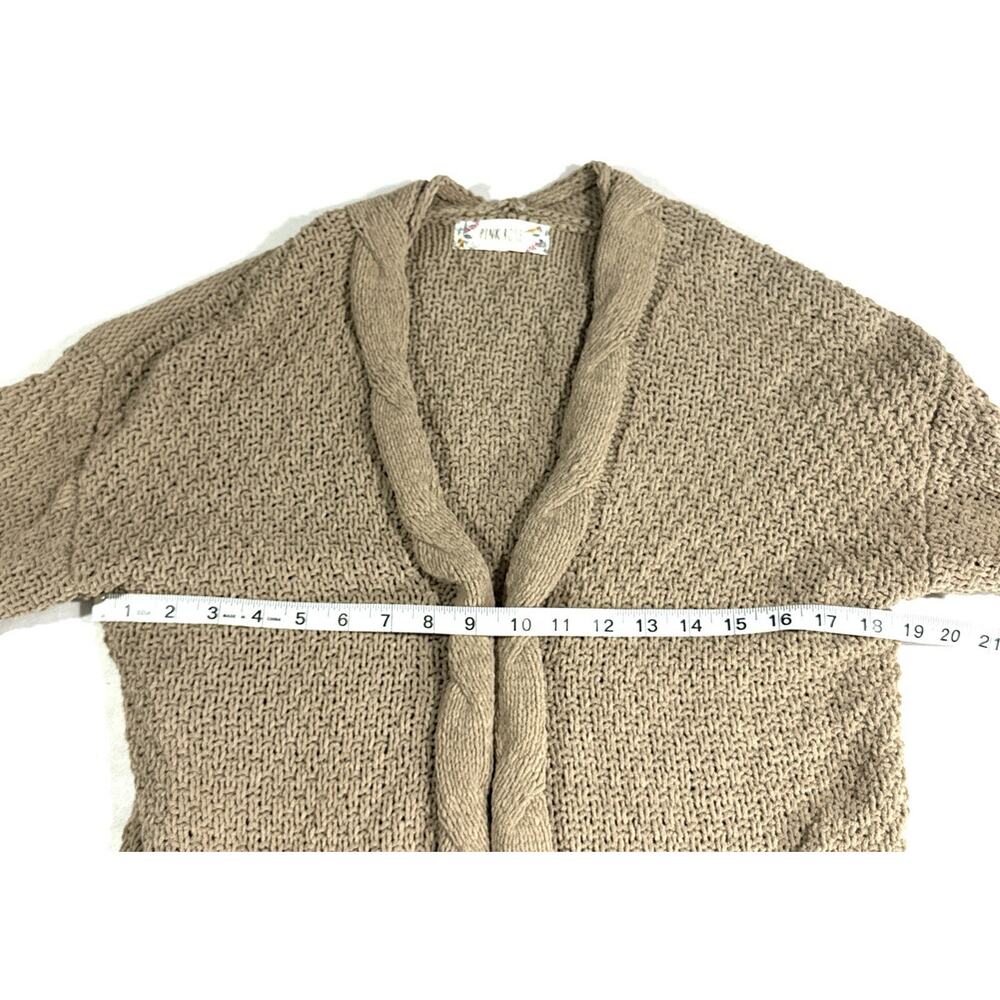 Pink Rose Beige Cable Knit Cardigan Sweater Small Open Front Longline Pockets - Picture 7 of 13